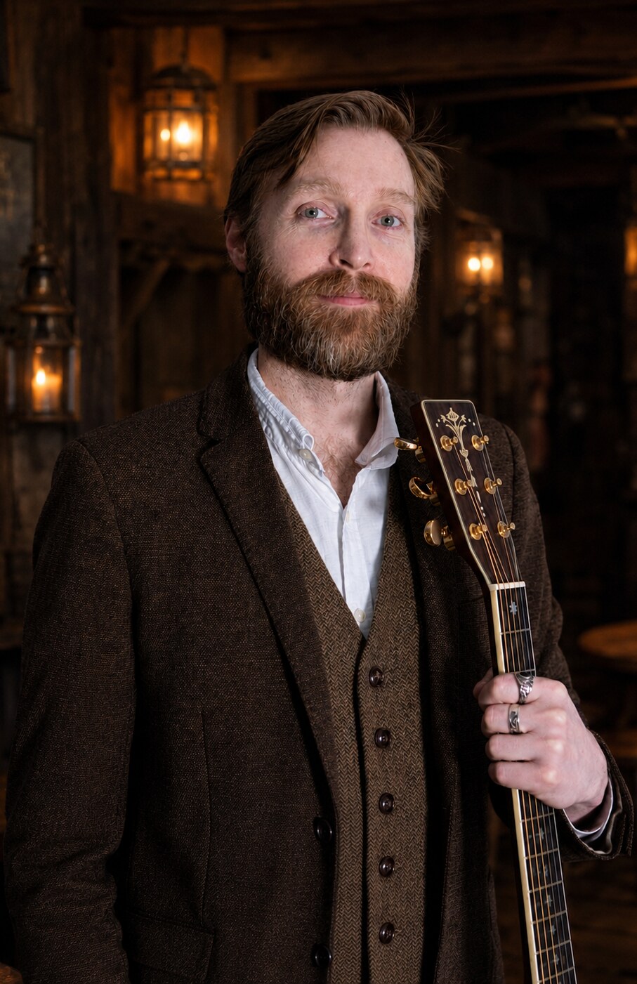 Robert Rosina as The Modern Bard, holding an acoustic guitar in a warm tavern setting